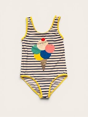 Mini Boden Striped One-Piece Swimsuit with Ice Cream Graphic - Yellow Trim 9/10